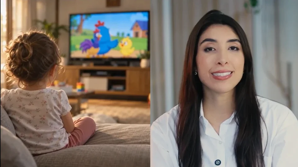 Dra. Isa Cavalcanti na aula sobre tempo de tela, ao lado de uma criança diante da TV